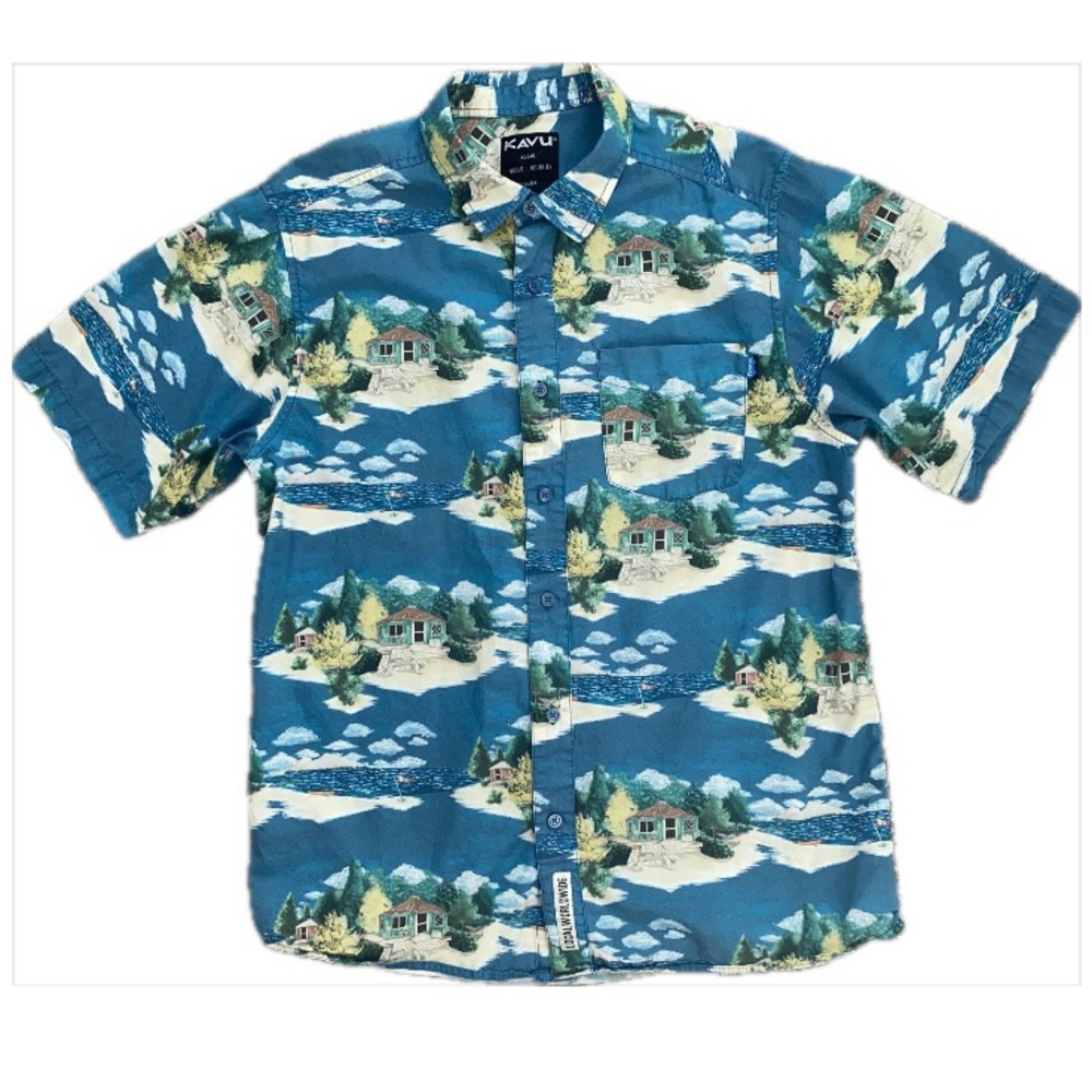 Kavu The Jam Yurt Shirt Button Down Hawaiian Short Sleeve Blue Cotton M - EUC